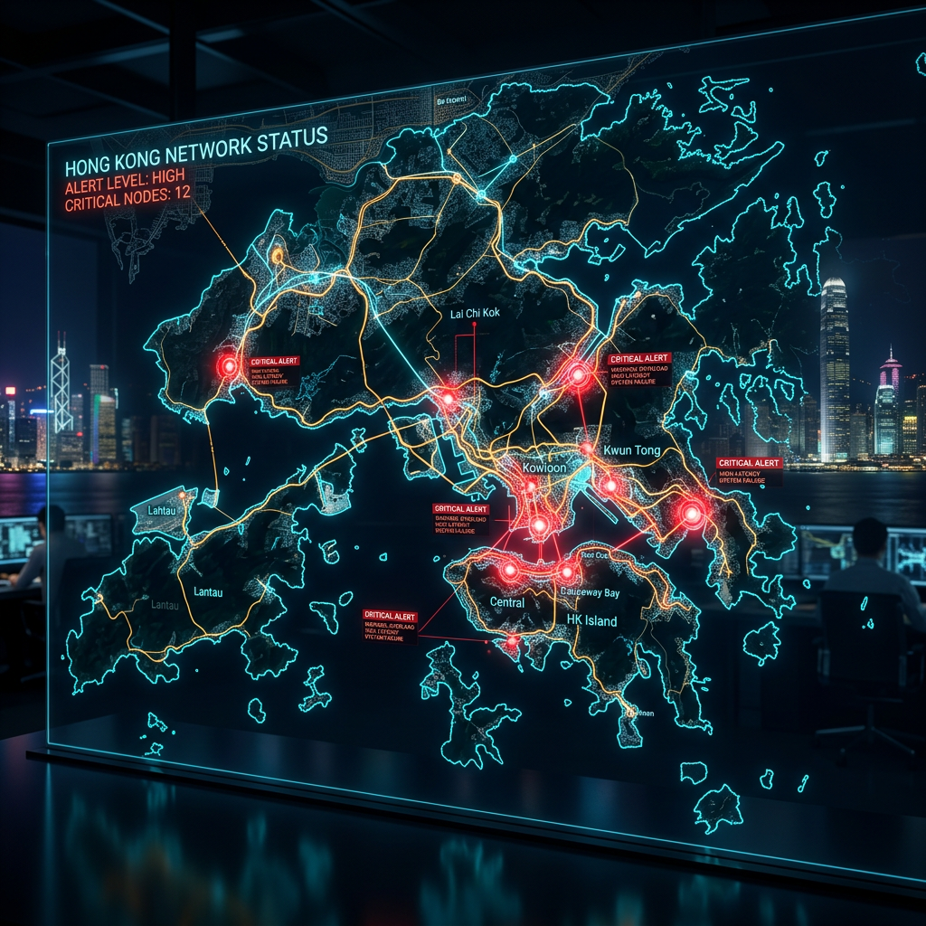 Digital map of Hong Kong with multiple red critical alert nodes and network lines