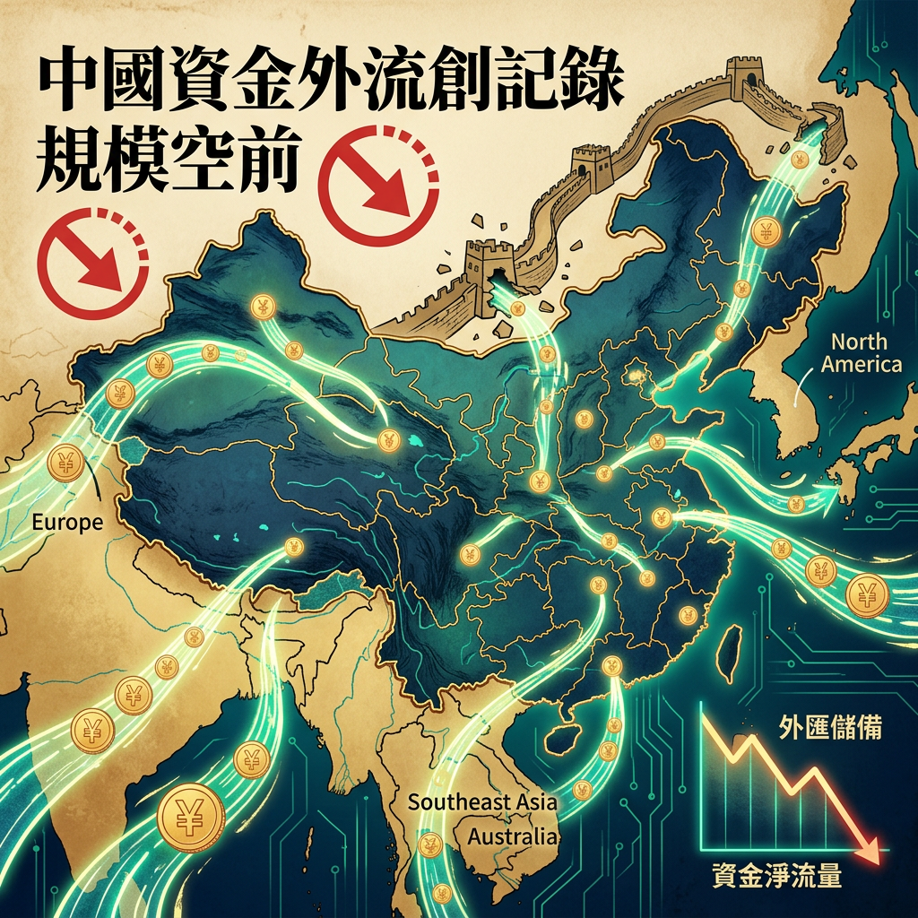 Map of China showing capital outflows symbolized by glowing currency streams moving towards Europe, North America, Southeast Asia, and Australia with downward arrows and a declining line chart